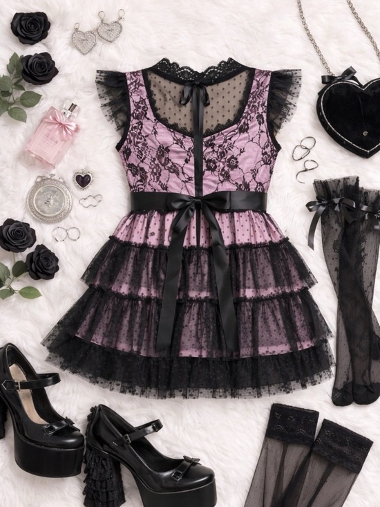 Dolls Kill Dresses & Skirts - ISO Lace Tiered Pink & Black Party Dress with Satin Bow